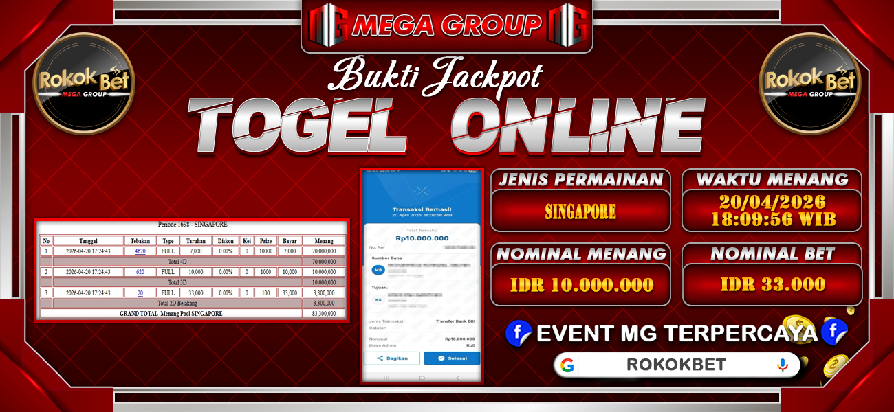 Bukti JP situs Rokokbet hari Senin, 20 April 2026